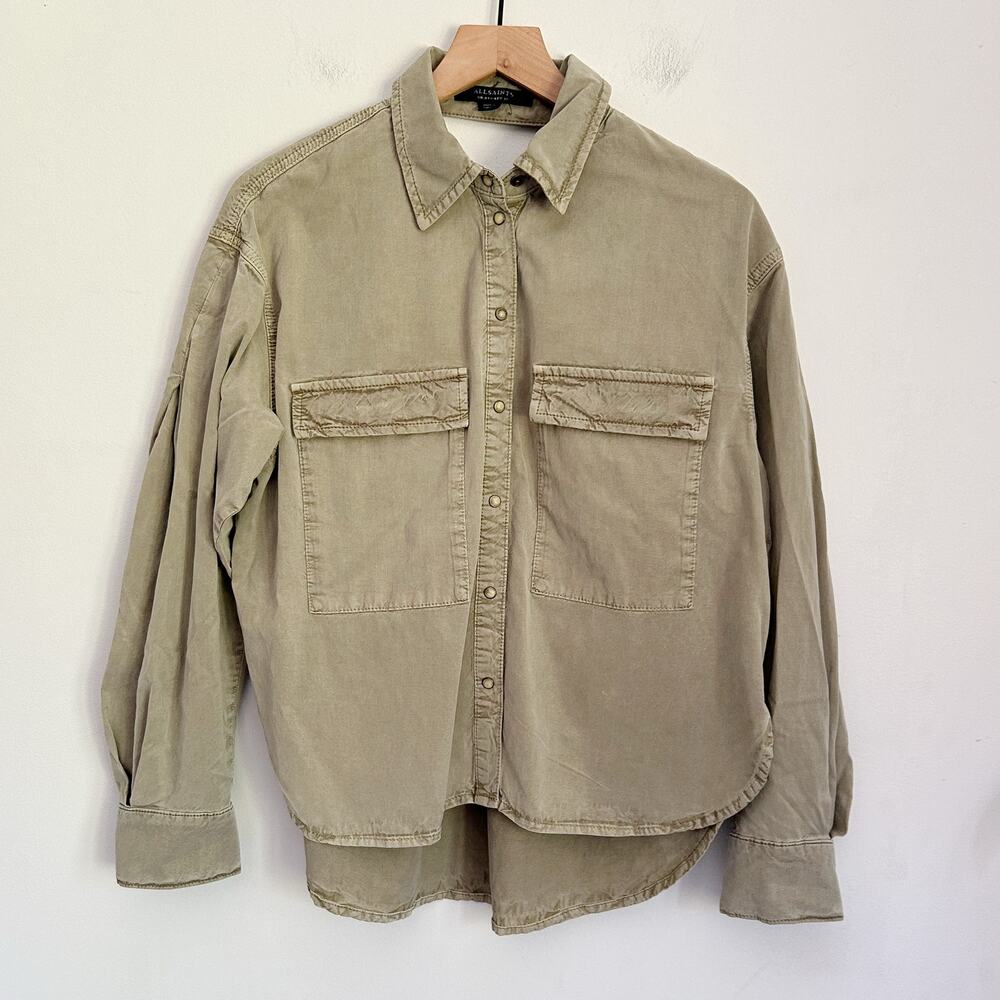 ALLSAINTS Button Up Cotton Cutout Blouse Size 4 Green